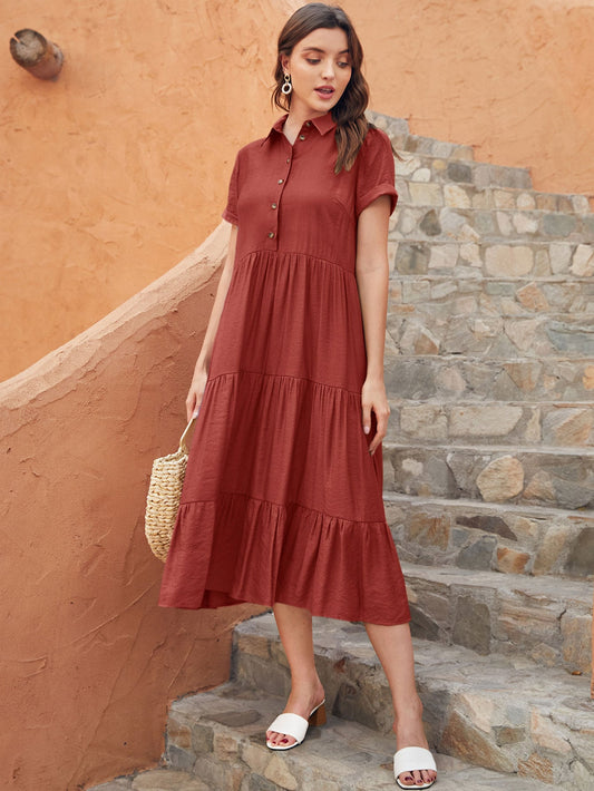 Solid Button Front Ruffle Hem Dress