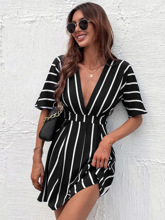 Unity Striped Plunging Neck A line Dress